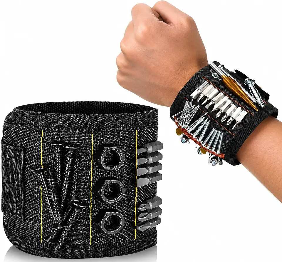 Pulseira Magnética para Parafusos e Pregos – Pulseira com Ímã Ajustável para Ferramentas, Manutenção e Reparos – Suporte Magnético para Parafusos, Brocas e Peças Metálicas