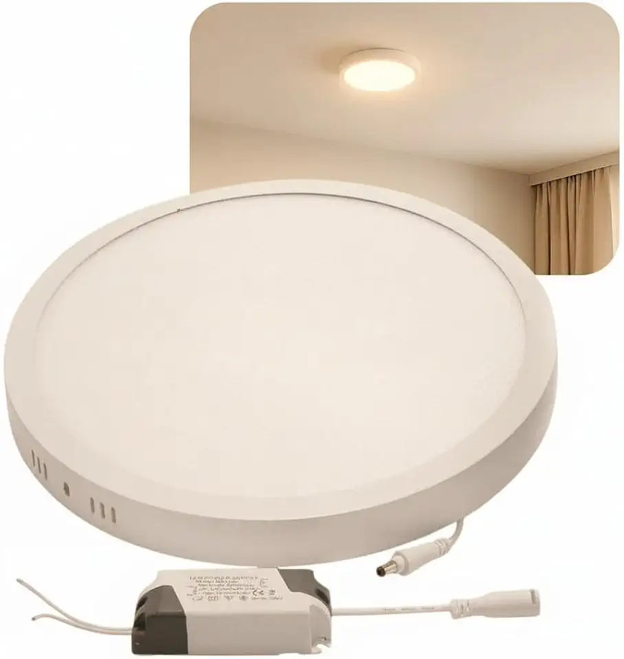 Painel Plafon LED de Sobrepor 25W Redondo 29x29cm Slim, 3000K, Estrutura Metálica – Luz Branca Quente Premium