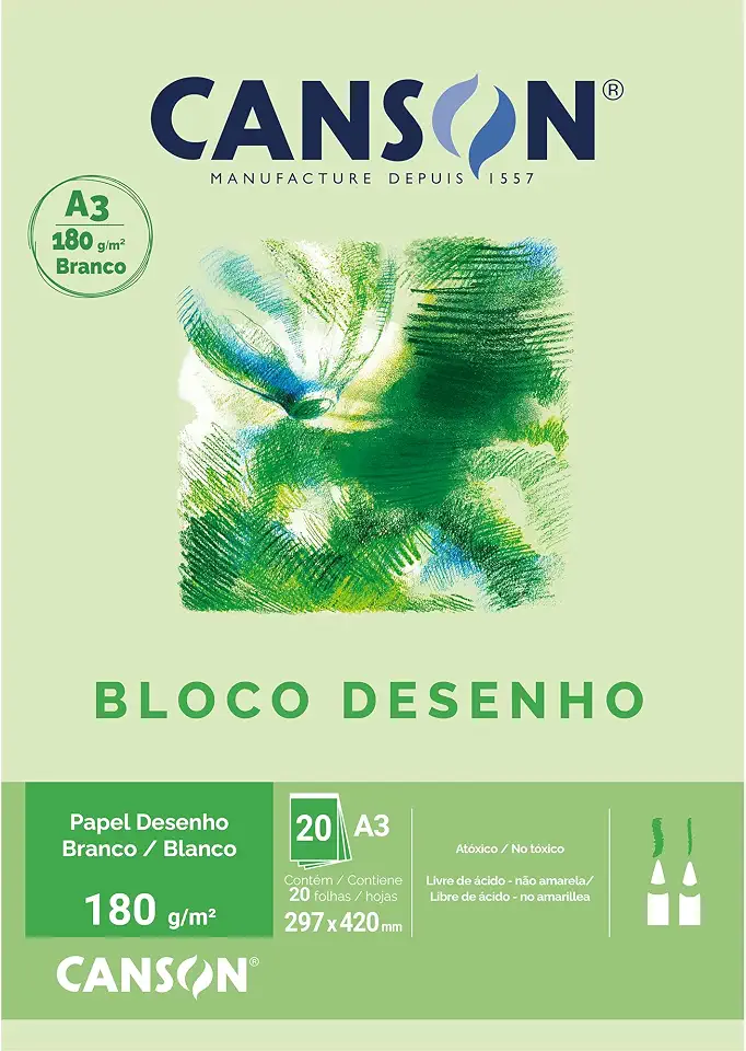 Bloco Desenho Branco A3 180g/m², Canson, 66667165, Branco natural, 20 Folhas