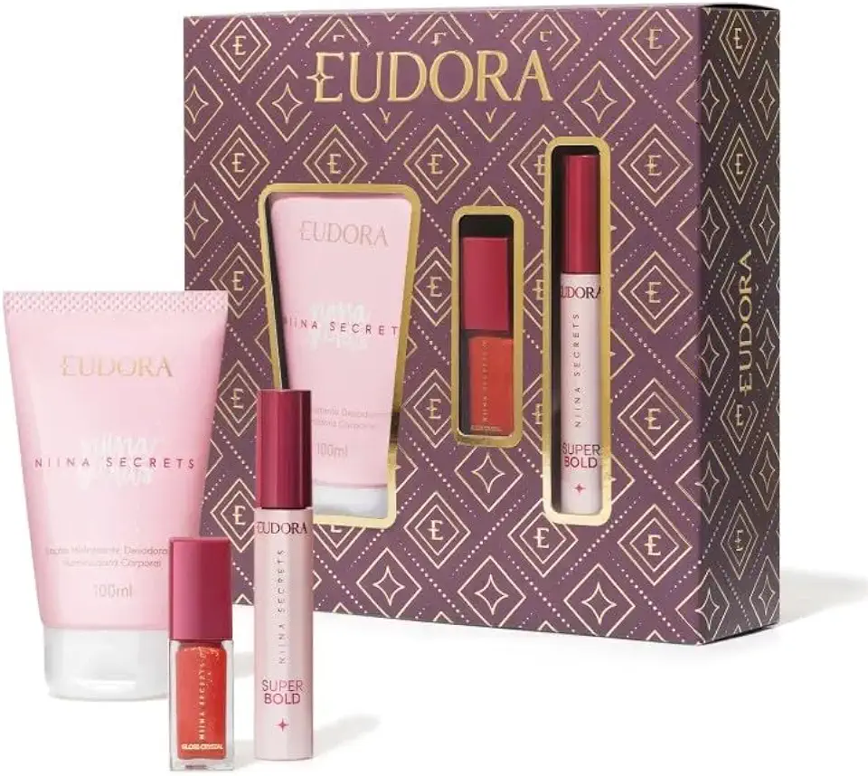 Eudora Kit Presente Niina Secrets, Loção Hidratante 100ml, Gloss Crystal Jaspe 7ml, Máscara para Cílios Super Bold 10g
