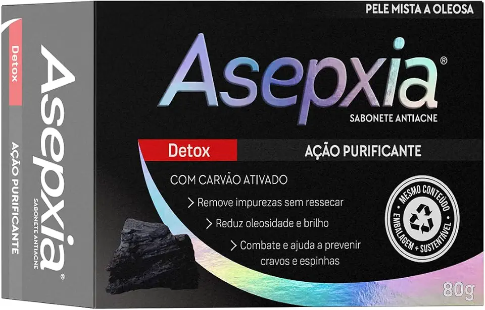 Asepxia Sabonete Detox 80g — Limpeza Profunda com Carvão Ativado | Remove Cravos, Controla a Oleosidade e Purifica a Pele | Para Peles Mistas e Oleosas