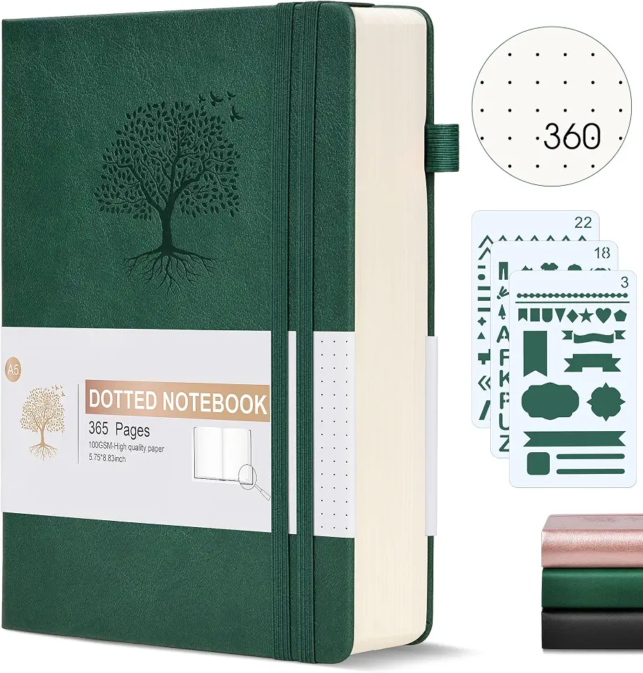 Agenda organizadora pontilhada Ansopu, 360 páginas numeradas, 100 g/m², caderno grosso, capa dura de couro, para escrita, para mulheres e homens, A5, para trabalho, 14,6 x 21,3 cm, verde