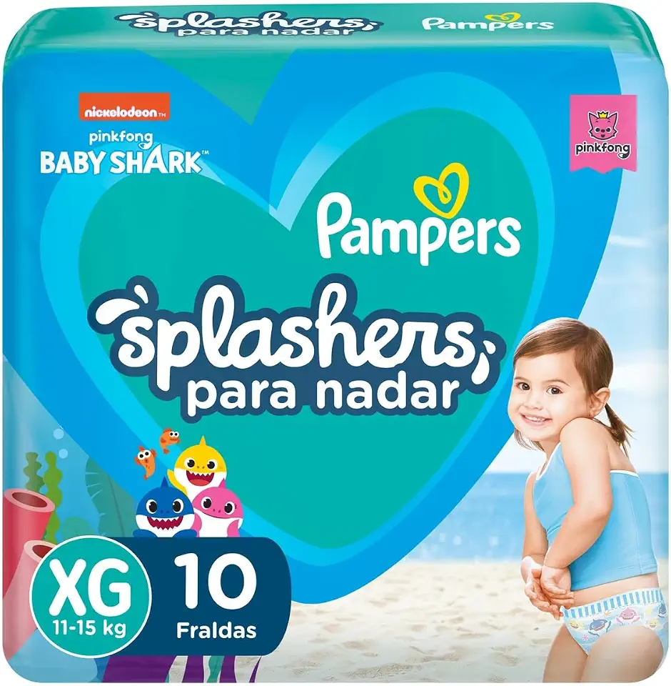 Fralda Pampers Splashers Para Nadar Baby Shark Tamanho XG 10 Unidades