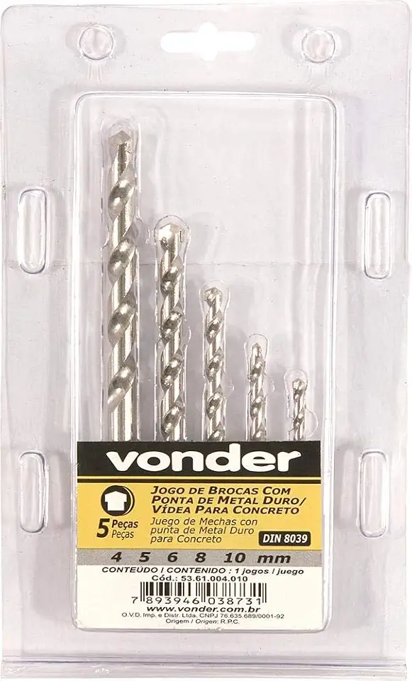Vonder, Jogo De Brocas Para Concreto, Com Ponta De Metal Duro, 4 Mm A 10 Mm, Com 5 Peças.