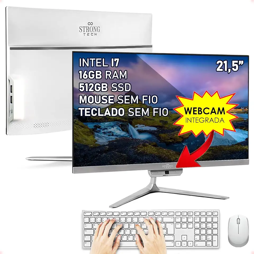 Computador Completo All In One Intel Core i7 21,5" Full HD 16GB SSD 512GB 4 Núcleos Super Turbo Hdmi Teclado e Mouse Strong Tech
