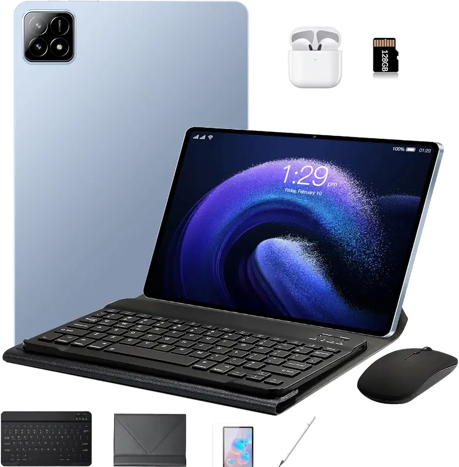 DIVENT Tablet，10,1 polegadas, Android 14, 16GB +512 GB, inclui cartão de memória de 128 GB, teclado, mouse e capa protetora, equipado com câmeras de 8MP+16MP, Bateria 8800mAh,Wi-Fi Edition(Azul)