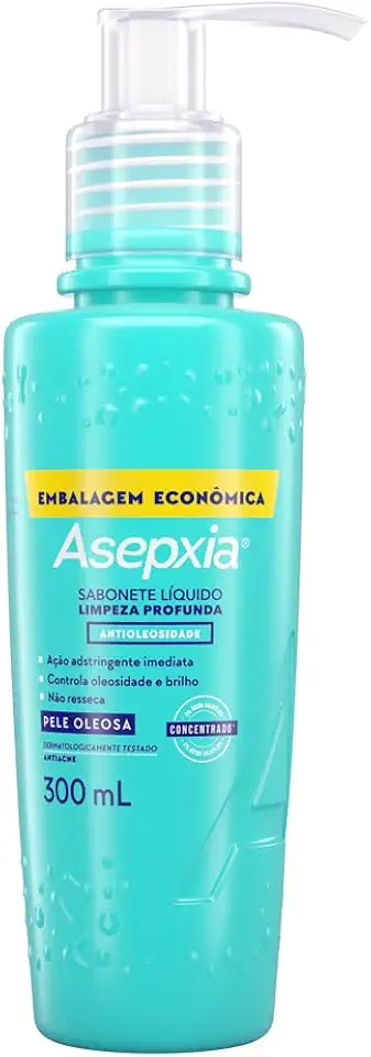 Asepxia Sabonete Facial Líquido para Pele Oleosa, Limpa Profundamente e Controla Oleosidade, Não Resseca, Dermatologicamente Testado, Combate Brilho Excessivo na Face, 300 ml, 1-Pack