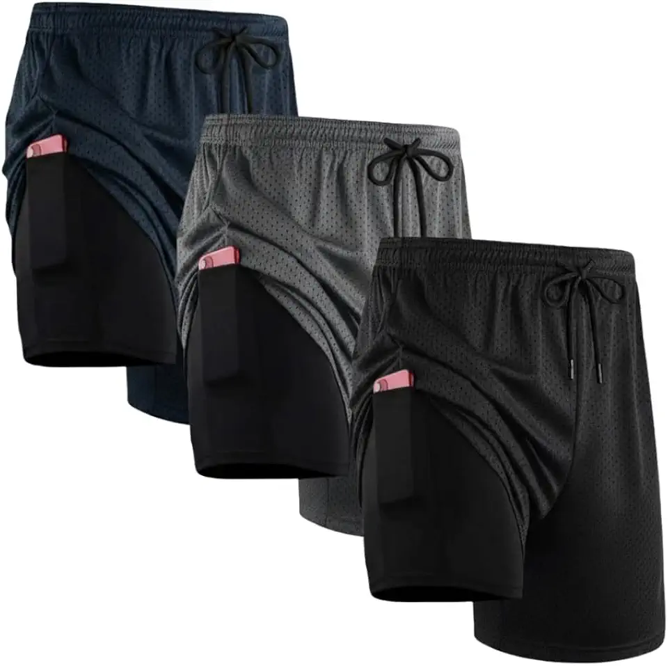 Kit 3 Bermudas Dry Fit Masculino 2 em 1 Shorts Para Treino Academia