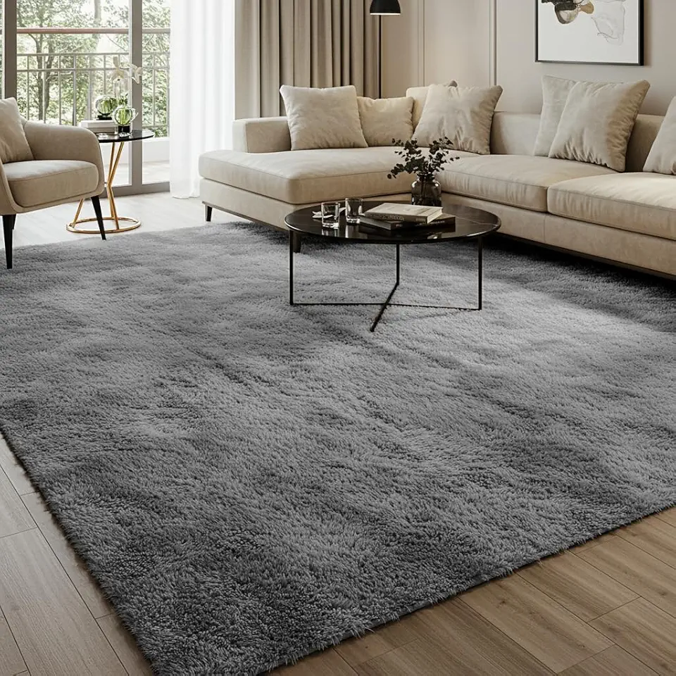 Tapete Felpudo Luxo, 230x200 cm, Base Antiderrapante, Retangular, Macio e Confortável para Sala e Quarto (Cinza)