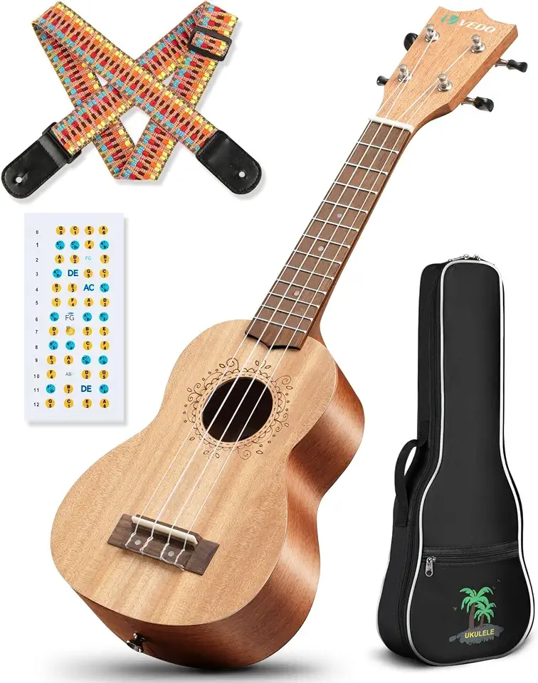 VEDO Ukulele de mogno de 21 polegadas para iniciantes, ukulele agudo com capa de apresentação, faixa arco-íris, adesivos para escala, havaiano profissional, presente para adultos e crianças