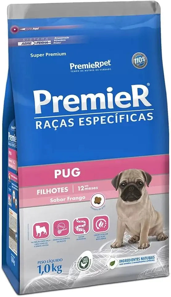 Ração Premier Raças Específicas Pug Cães Filhotes Porte Pequeno Frango 1kg
