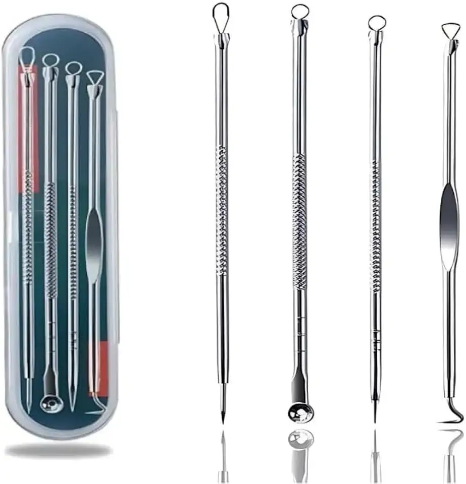 Kit Removedor de Cravos e Espinhas com 4 Peças Profissionais em Aço Inox + Estojo Ferramentas para Limpeza de Pele, Acne e Higiene Facial Segura