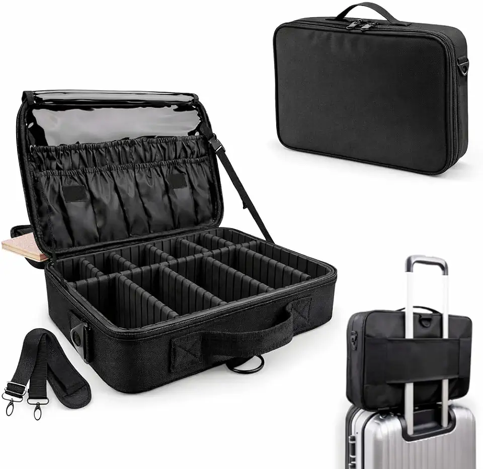 Maleta de Maquiagem Bolsa Profissional com Divisórias Ajustáveis, Compartimentos para Pincéis, Material Resistente à Água, Alça de Ombro e Grande Capacidade para Viagens