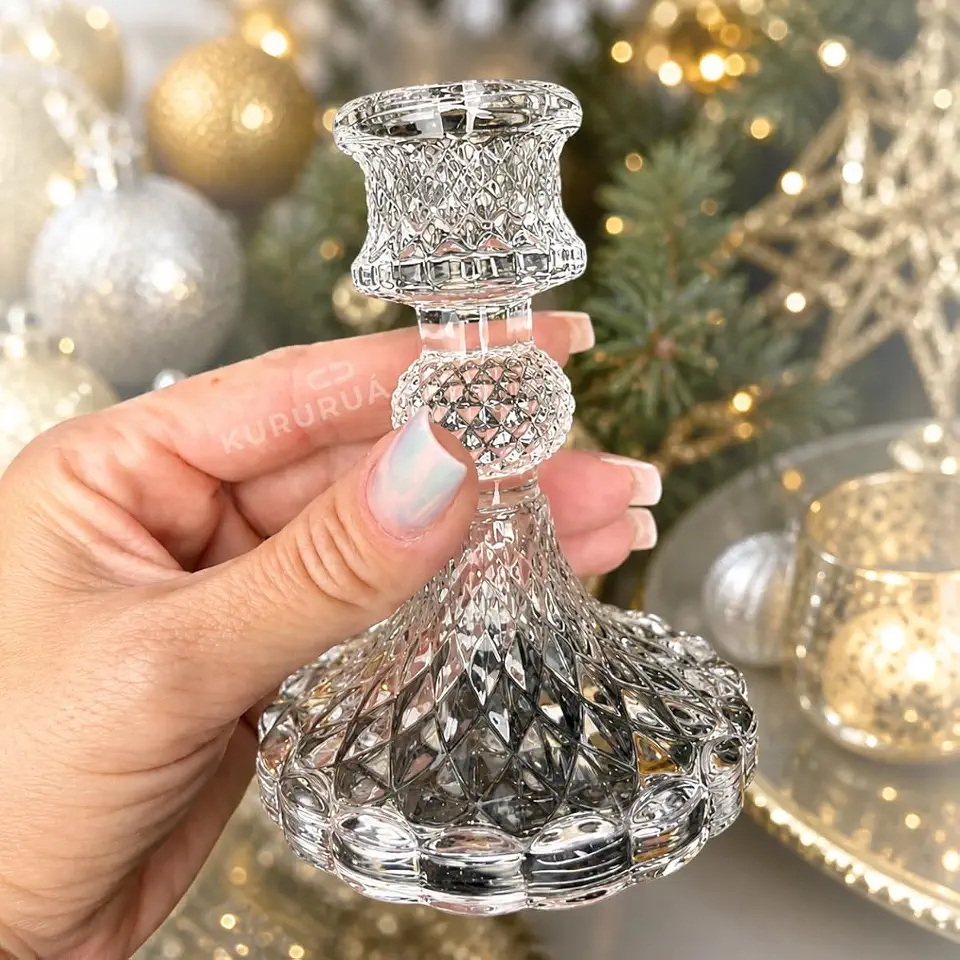 Castiçal de Vidro Transparente Lapidado Alto Brilho Suporte para Velas de 2cm Decorativo 1 Unidade