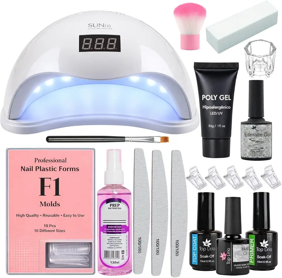 Kit Unhas de Gel Completo Iniciante com Tips Molde F1, Cabine Sun 5 LED UV 48w Digital, Polygel, Esmalte em Gel