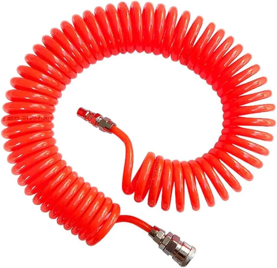 Mangueira de compressor de ar pneumático de poliuretano – Tubo de mola telescópica com conexões de conexão rápida (8 mm OD / 5 mm ID), recuperação em espiral, vedação de alta pressão para ferramentas