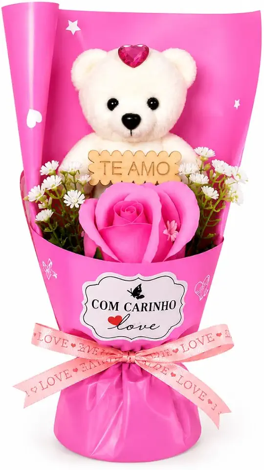 Buquê de Rosa Com Ursinho de Pelúcia em Caixa Transparente Presente Romântico Dia dos Namorados e datas Comemorativas (Rosa)