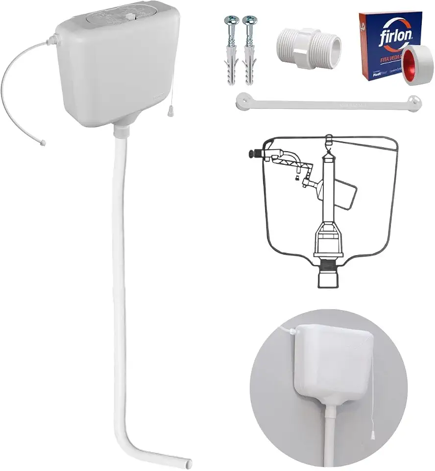 Caixa de Descarga Elevada de 6,8 à 9L Branca + Tubo de Descida + Engate + Fita Veda Rosca