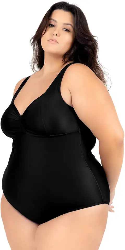 Maiô Plus Size Feminino Senhoril Hidroginástica Liso Frente Única Abotoador nas Costas Decote em V Malha Trilobal