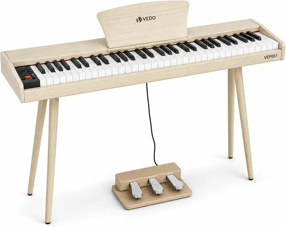 VEDO Teclado Musical, 61 Teclas Piano Digital, Piano Digital para Iniciantes, 128 Tons, 100 Ritmos, 80 Canções de Demonstração, Profissional Pedal Triplo, MIDI-USB, IOS, Pad, Win, Android, Off white