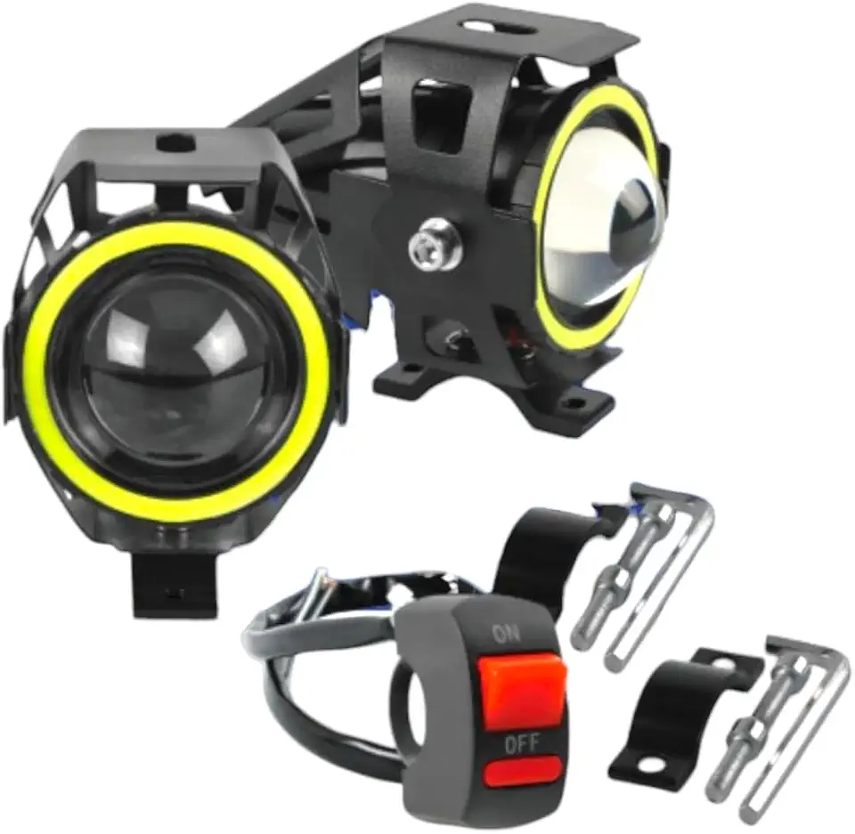 Par Farol de Milha Moto Angel Eyes U7 Led Auxiliar Branco Neblina Farolete 3 funções