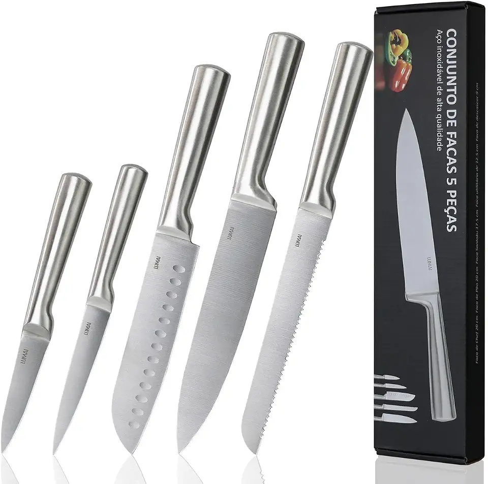 LUMAI Original Conjunto de 5 Facas Grandes de Cozinha Zurich Robusto em Aço Inoxidável 3CR13 com Lâminas Inteiriças – Forja Prolongada para Robustez, Anti ferrugem, Ultra Afiadas e Precisão Suíça