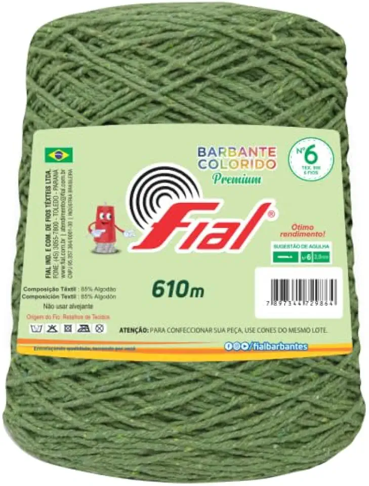 Barbante Fial N°6 Colorido 600g para Crochê e Tricô Macio (Verde Oliva - 46)