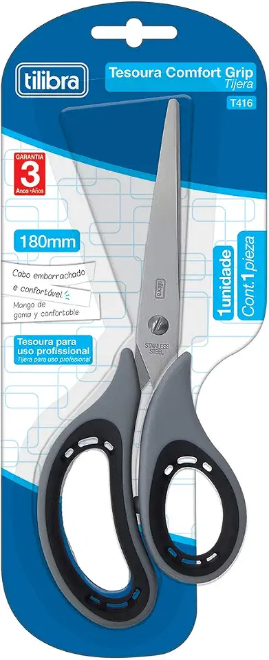 Tilibra - Tesoura 180 mm, Comfort Grip, T416, Cinza