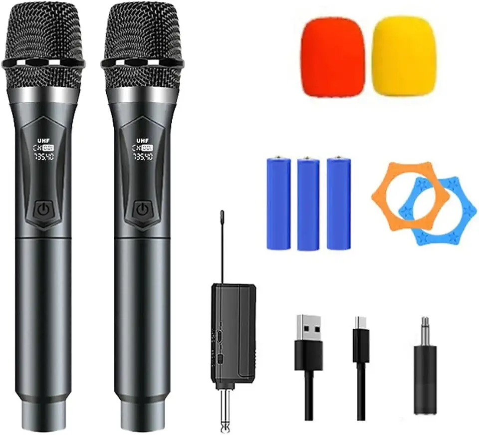 Kit de Microfones Sem Fio Profissionais, Duplo, com Receptor UHF, para Karaokê, Eventos e Palestras, Preto (preto)