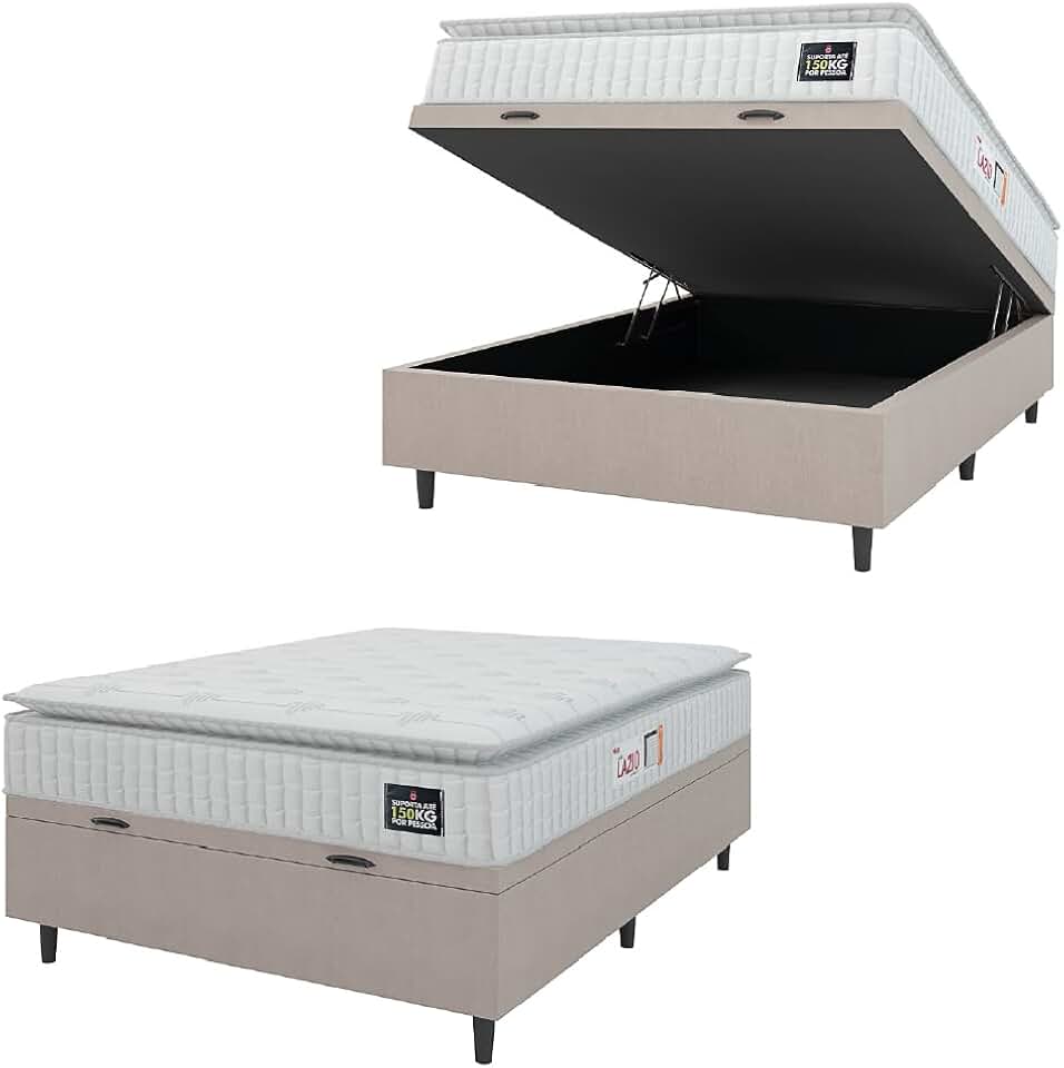 Cama Box Baú Casal Colchão Espuma D45 Lazio Pillow Top 138x188x65cm Suede Branco/Bege Hellen – Suporta Até 150 Kg Por Pessoa