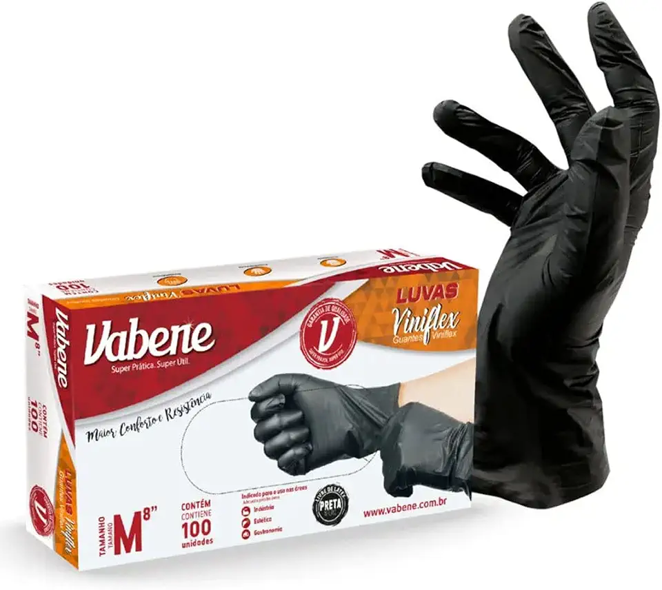 Luva Viniflex, Vabene, M, Preta, Caixa com 100