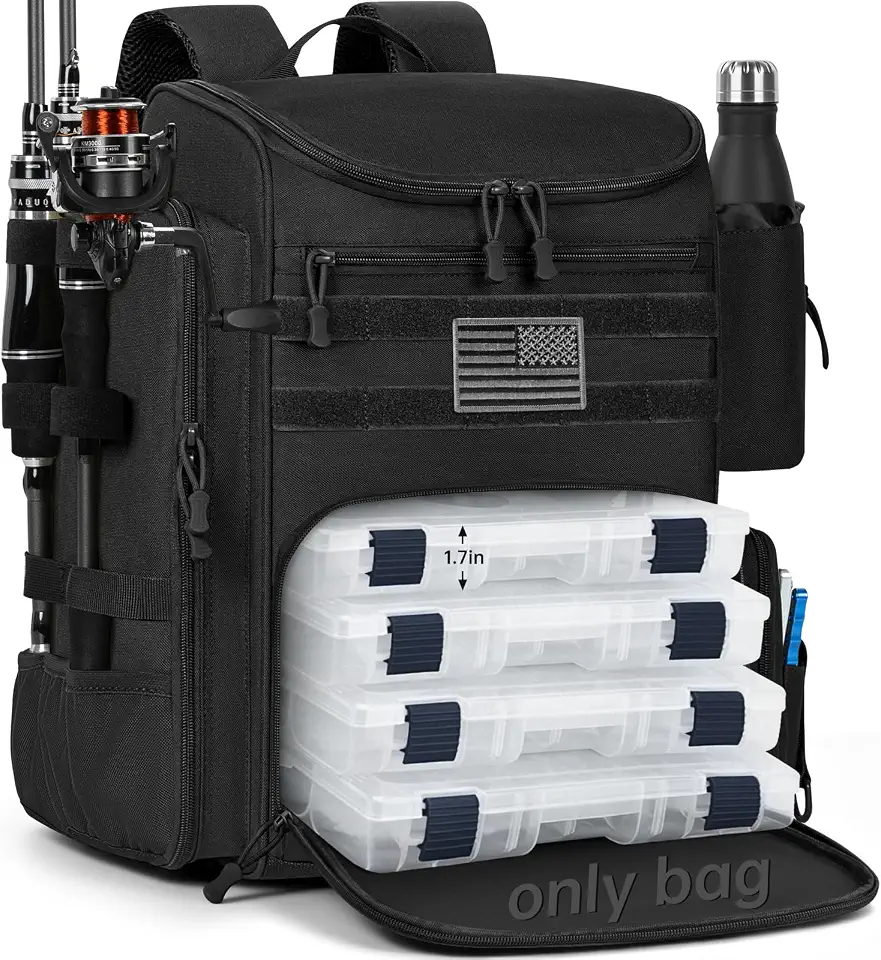 Mochila de pesca de 25L resistente à água com 2 suportes de vara, bolsa de armazenamento para pescadores