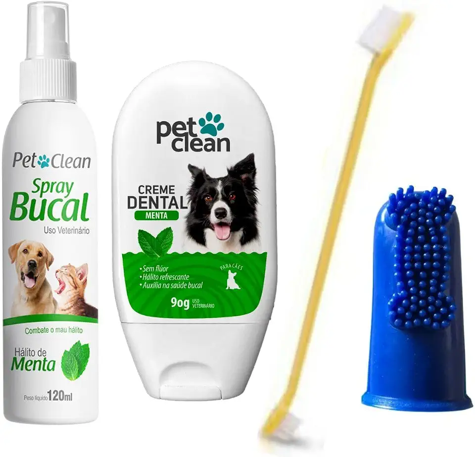kIT Creme Dental Menta e Spray Menta Pet Clean Acompanha Dedeira Flexível e Escova Dupla cores sortidas para Cachorros