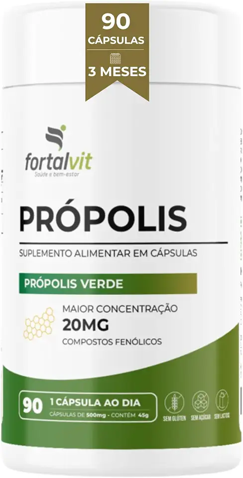 Própolis Verde 20mg 90 Cápsulas, 3 Meses de Uso, Longa Duração, Alto Teor Compostos Fenólicos, Fortalvit