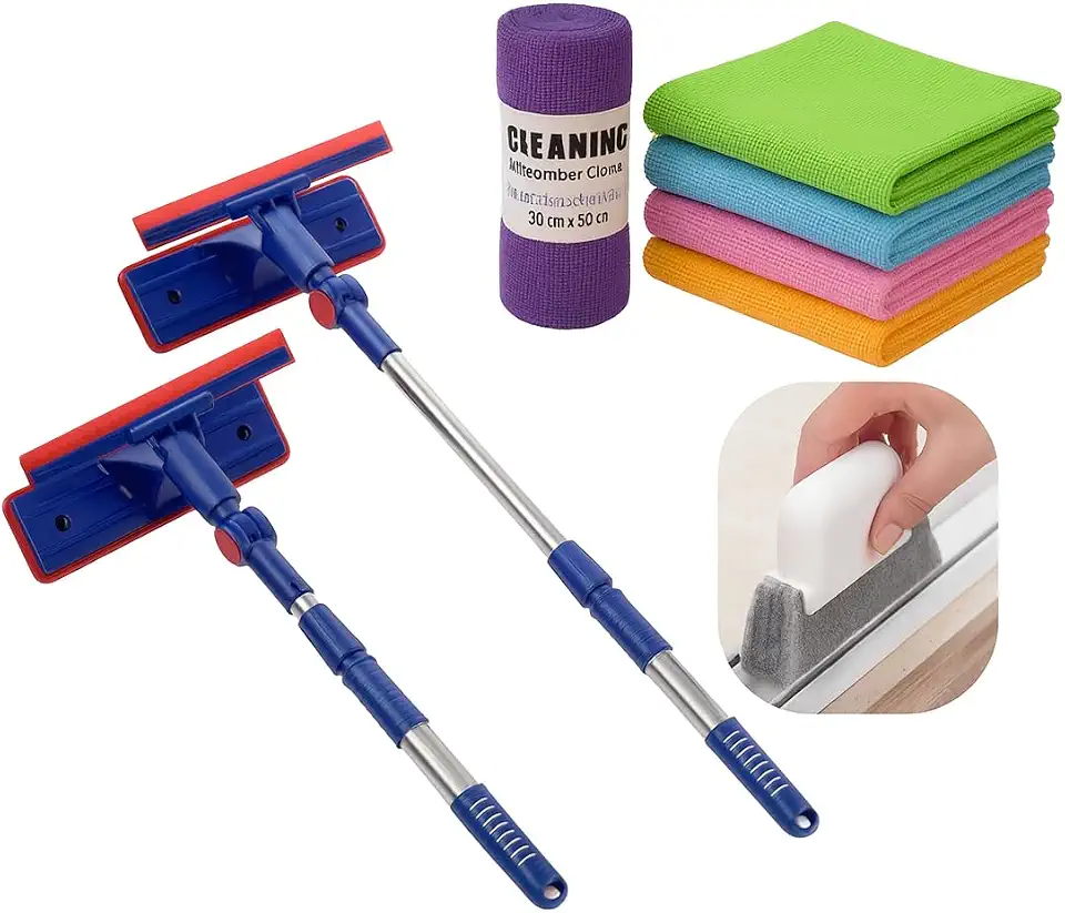 Rodo Mágico 2 em 1 Limpa Vidros e Janelas com Esponja para Canto Cabo Extensível kit completo 5 panos microfibras e rodo