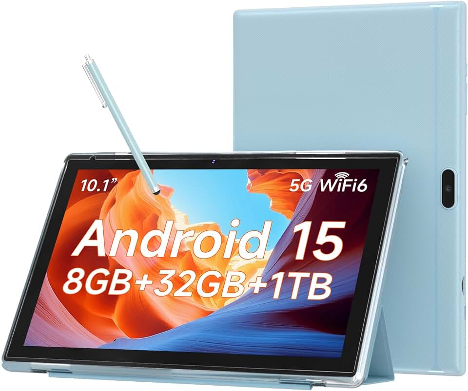 WUIUHOU Tablet Android 15 de 10,1 polegadas, 8 GB de RAM, 32 GB de armazenamento, tela HD IPS, bateria 5G WiFi 6.6000 mAh, câmera dupla para videochamada, aba com capa e caneta Stylus para tablet de
