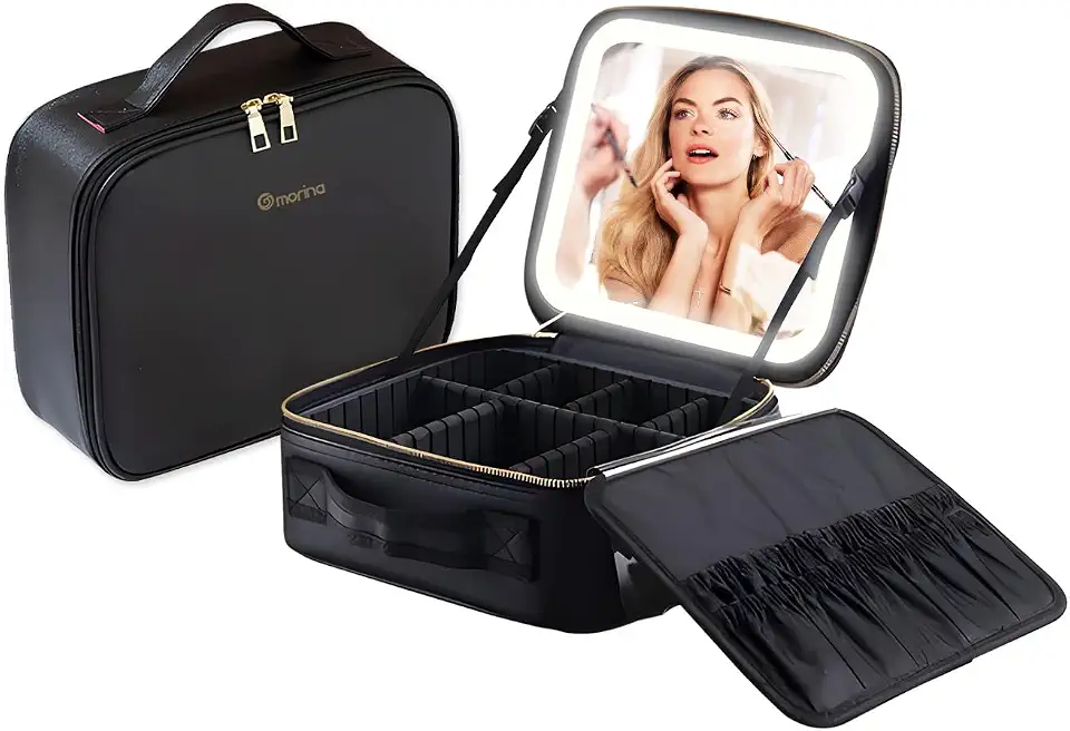 Necessaire de Maquiagem com Espelho LED, Maleta Organizadora de Viagem com Divisórias Removíveis, Ajuste de Brilho e Temperatura de Cor, Bateria 2000mAh USB, Estojo Feminino 26x23x9cm (Preto)