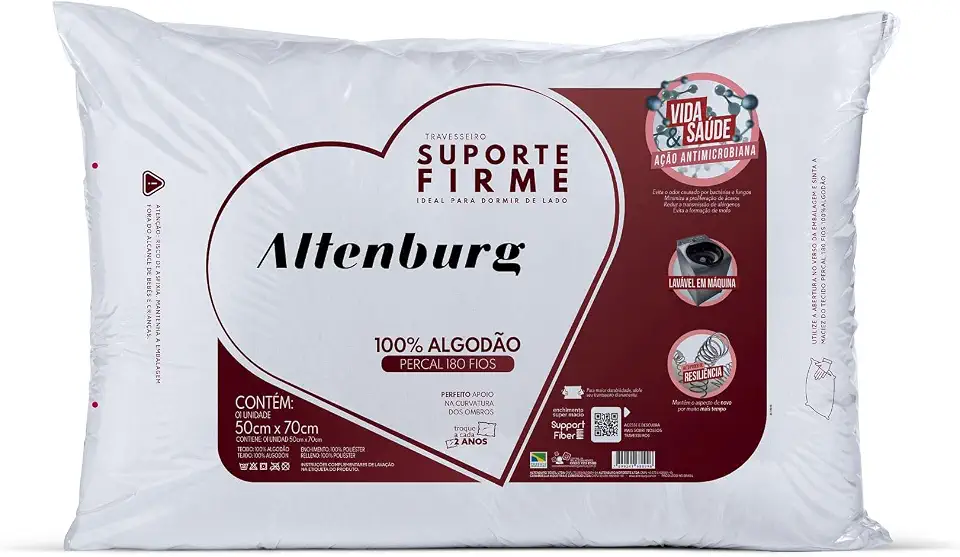 Travesseiro Suporte Firme Altenburg Extra Branco Capa Percal 180 Fios 100% Algodão