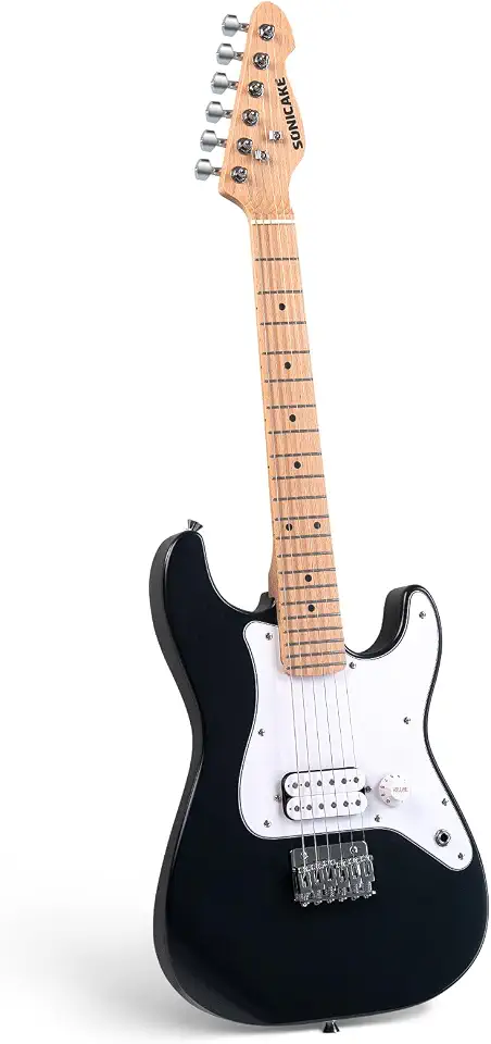 SONICAKE Guitarra elétrica de 76 cm para iniciantes, peso leve e júnior corpo de madeira maciça com captador Humbucker, pescoço e escala de madeira de uma peça, extremidades arredondadas, preto