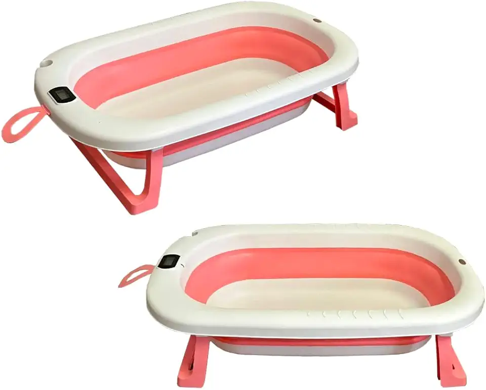 Banheira Retrátil Dobrável Silicone De Bebe Com Termometro digital (Rosa)