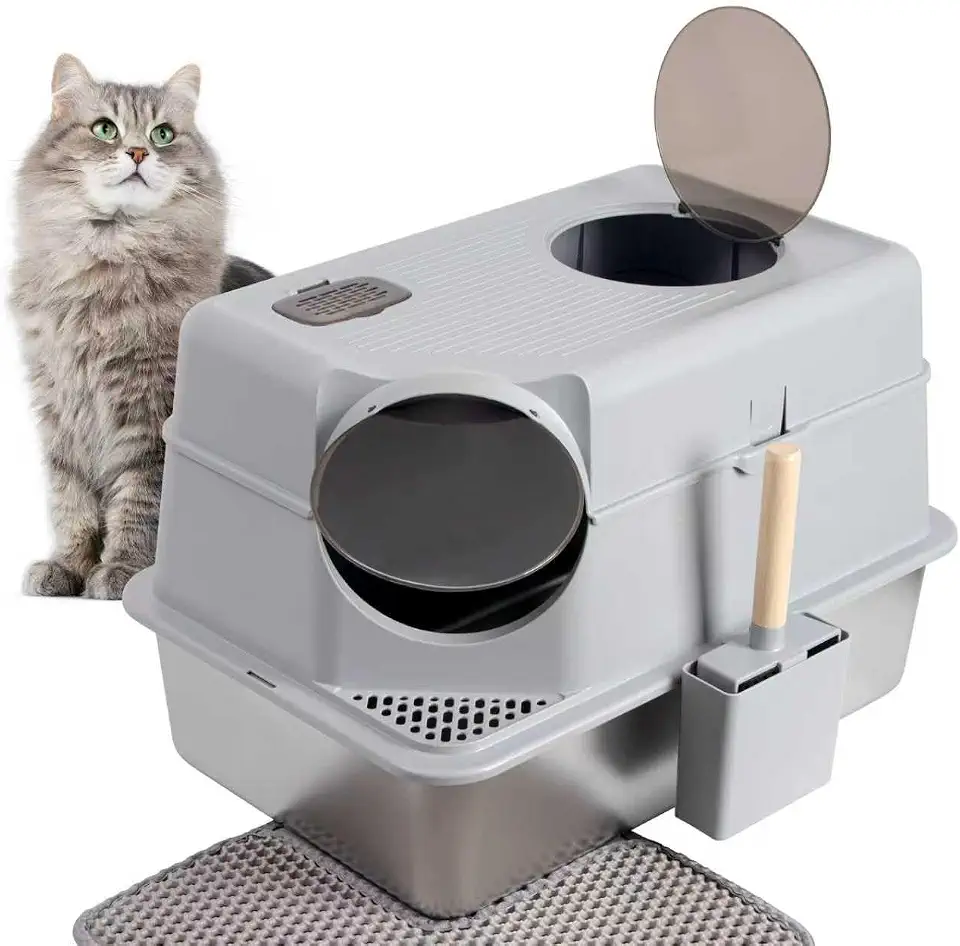 Caixa de Areia para Gato Fechada Grande, Aço Inoxidável, Tampa Alta em ABS, Entrada Superior e Frontal, Anti Odor, Fácil de Limpar, com Pá e Tapete 60x40x40cm