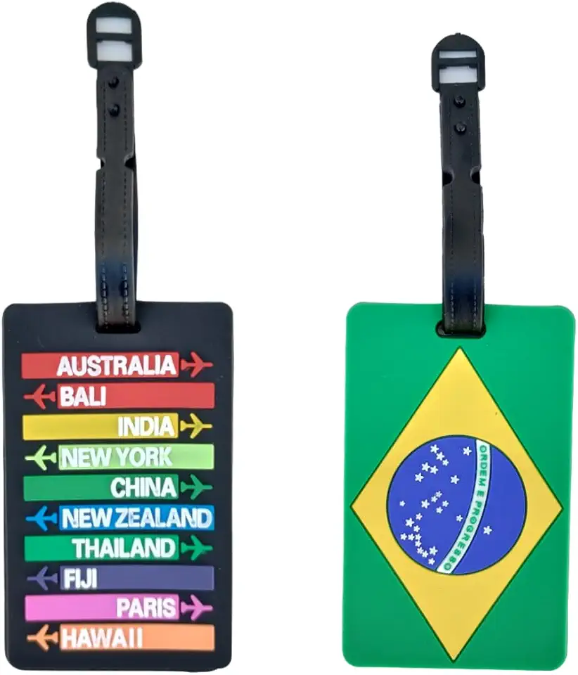 Kit 2 Identificador de Mala de Viagem Tag de Bagagem Férias Avião Etiqueta de Silicone Premium (DEST. PRETA + BRASIL, TAG)