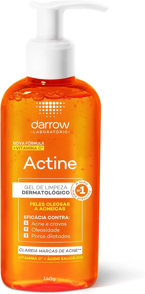 Darrow Actine Gel de Limpeza Dermatológico Facial com Ácido Salicílico, Vitamina C e Lactato de Mentila, Redução de 86% da Acne e -90% Oleosidade Imediatamente, 140g