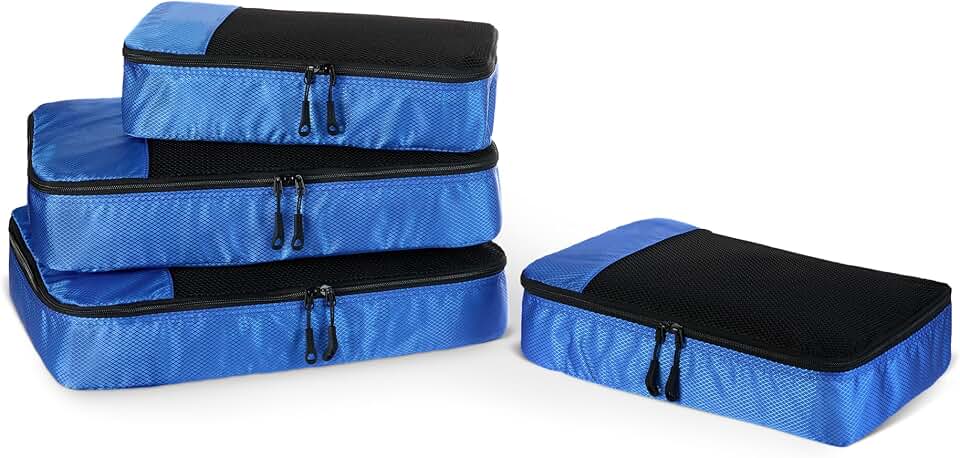Amazon Essentials conjunto de acessórios de viagem com 4 organizadores de mala, organizador de bagagem com zíperes duplo e parte superior em tela, poliéster, tamanho 2 médios e 2 grandes, azul (anteriormente Amazon Basics)