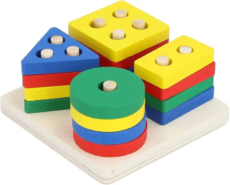 Brinquedo Educativo de Madeira, Encaixe Formas Geométricas Multicoloridas, Jogo Pedagógico Infantil (Quadrado)