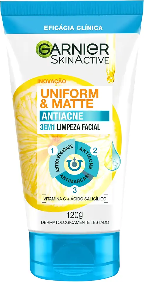 Garnier Uniform & Matte, Sabonete Facial 3 em 1 Antiacne, Tratamento com Ácido Salicílico e Vitamina C para Pele Oleosa, Ação Antioleosidade e Antimarcas, 120g