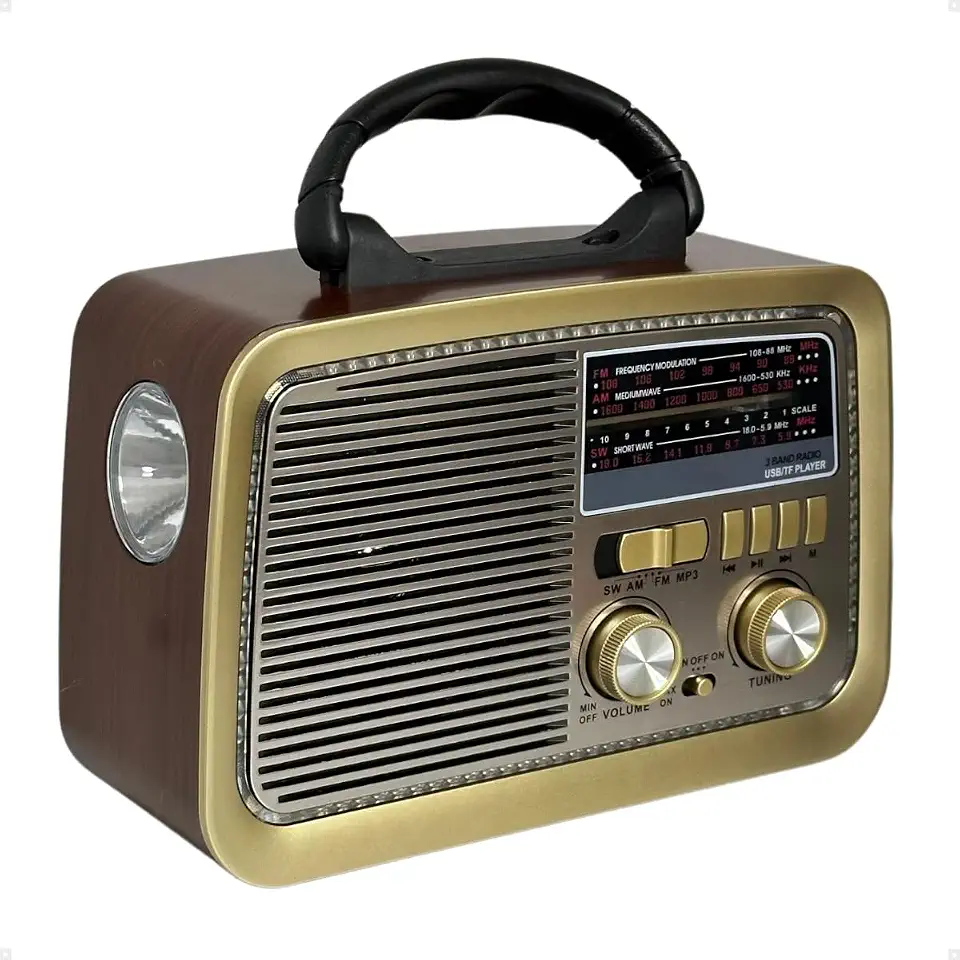 Rádio Am Fm Retro Vintage Recarregável Bivolt Pilha Tomada e Bateria Lanterna (Marrom)