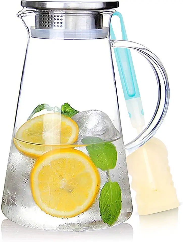 SUSTEAS Jarra de vidro de 2 litros de 1,927 g com tampa, garrafa de água de vidro resistente ao calor fácil de limpar com alça para bebidas quentes/frias - água, bebida fria, chá gelado e suco, com 1