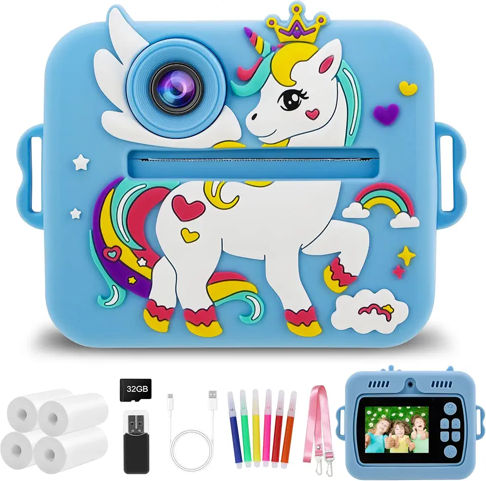 Câmera Infantil, Portátil Digital, Pode Selfie com 32GB Cartão, Papel Fotográfico, Canetas Coloridas, Vídeo HD, Brinquedos Meninas Meninos com Crianças de 3 a 14 Anos (Azul)