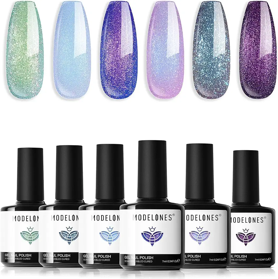 Conjunto de Esmaltes em Gel Camaleão Modelones, 6 Cores Aurora Shimmer Glitter, 7ml cada, Azul Verde Roxo, para Lâmpada LED
